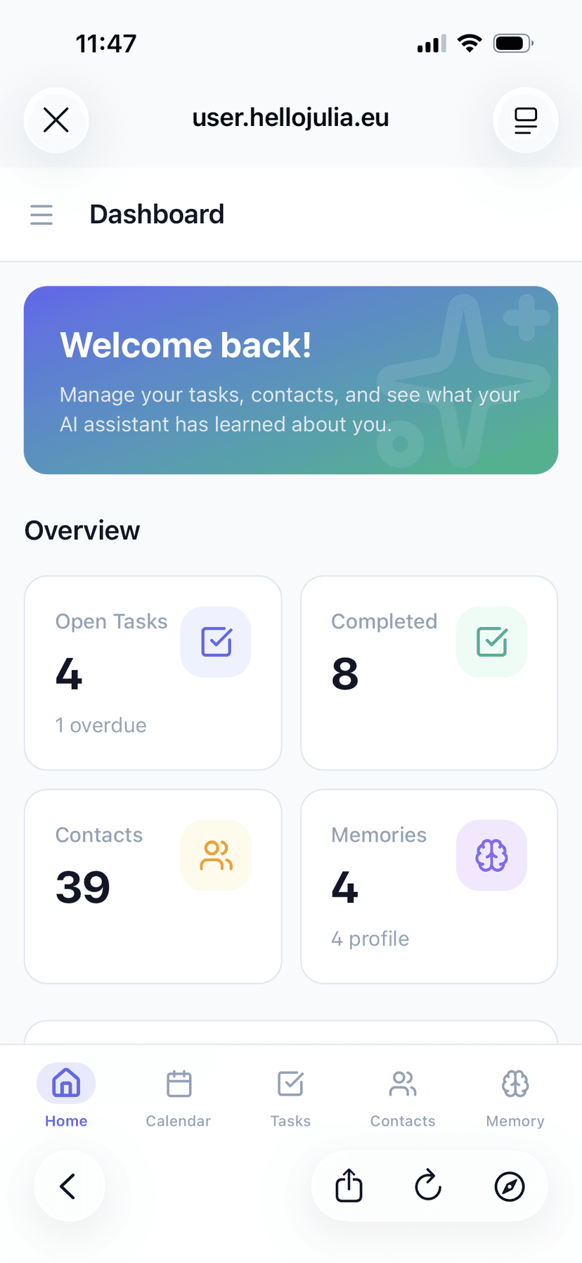 Portal Dashboard — overview of tasks, contacts, and memories